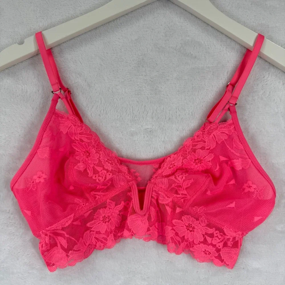Aerie Real Good Lace Bralette Neon‎ Pink Floral V-Neck Mesh Longline Small